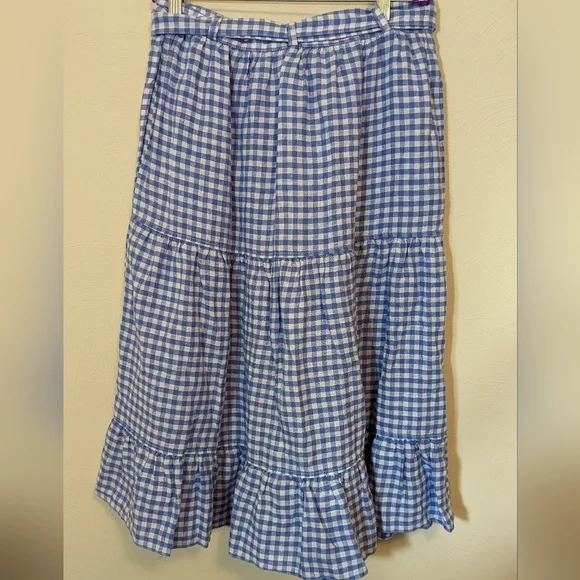 NWT Polo Ralph Lauren 100% Linen Blue Gingham Check Tiered Midi Feminine Skirt 8 - Picture 9 of 10